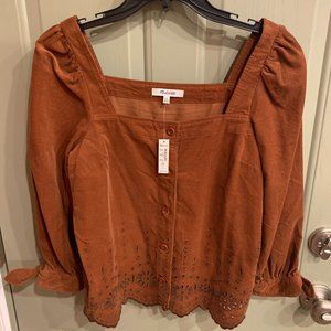 Madewell Embroidered Eyelet Corduroy Tie-Sleeve Top, Size XXS, Brown, Tags on